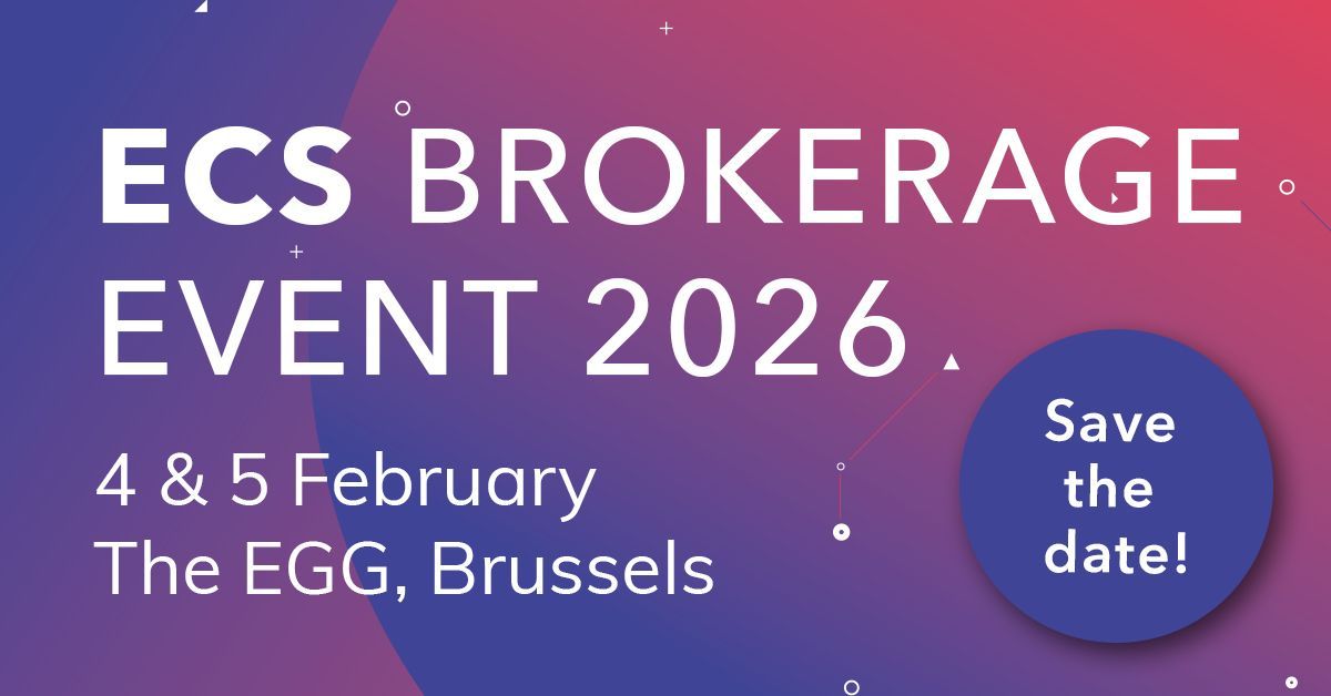 White writing on purple background announcing the ECS Brokerage Event 2026 happening on 4th and 5th February 2026 at The EGG, Brussels.
